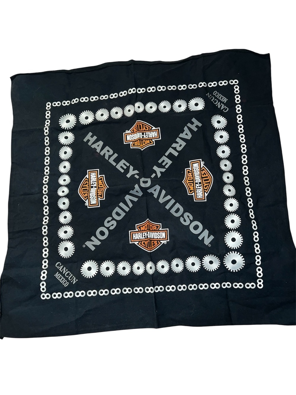 Vintage Harley Davidson Cancun Mexico Bandana Black Cotton Biker Headscarf